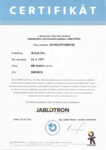 certifikát Jablotron BM Eleketro - riadenie vykurovania