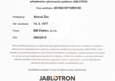 certifikát Jablotron BM Eleketro - riadenie vykurovania
