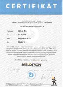 certifikát Jablotron BM Elektro - zabezpečovačka