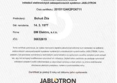 certifikát Jablotron BM Elektro - zabezpečovačka