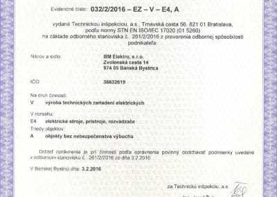 oprávnenie BM Elektro - výroba technickýxh zariadení elektrických, el.stroje, prístroje, rozvádzače