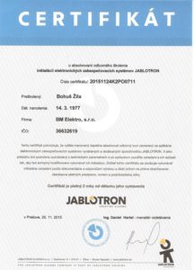 certifikát Jablotron - zabezpečovačka