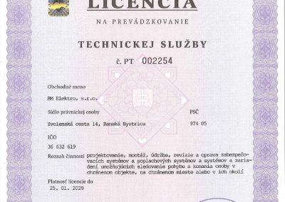 certifikát licencia technickej služby BM Elektro, s.r.o. do 25.1.2029