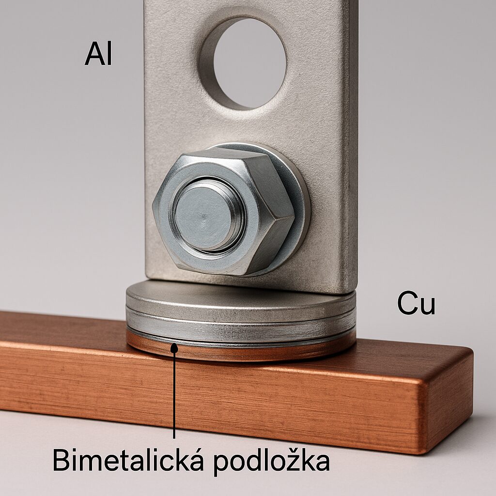 Detail spojenia hliníka a medi s bimetalickou podložkou proti galvanickej korózii.