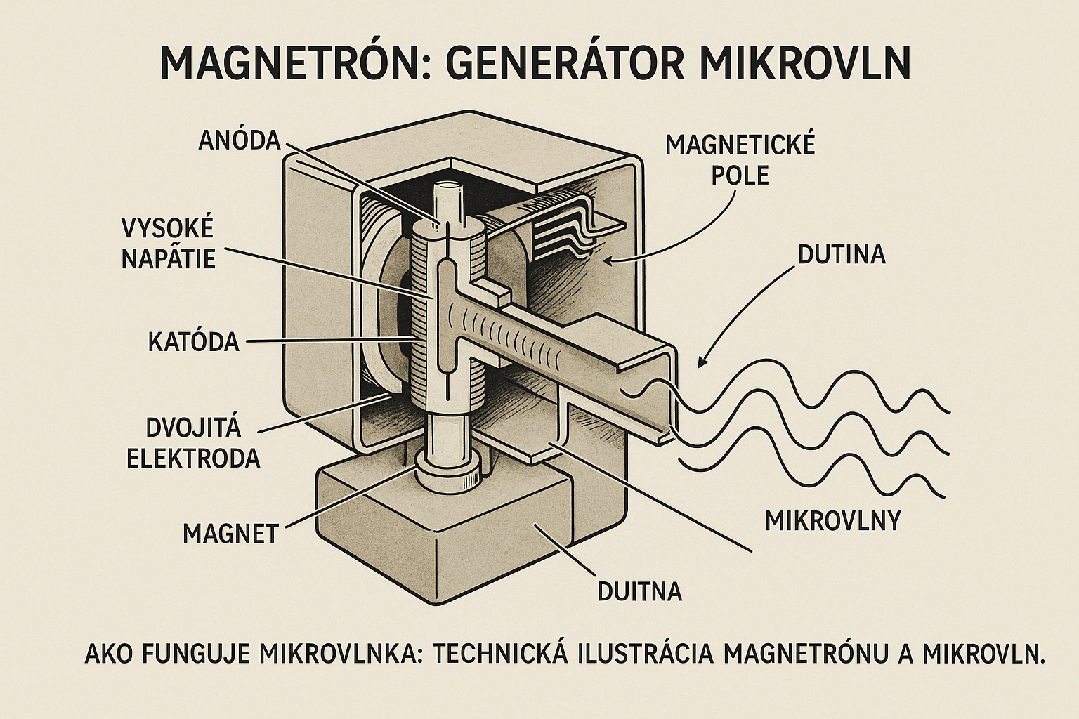 Schéma magnetrónu v mikrovlnnej rúre generujúceho mikrovlny.