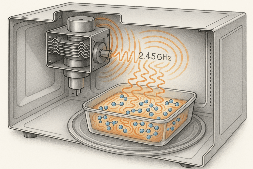 Animovaná schéma molekuly vody, ktorá kmitá a vytvára teplo.