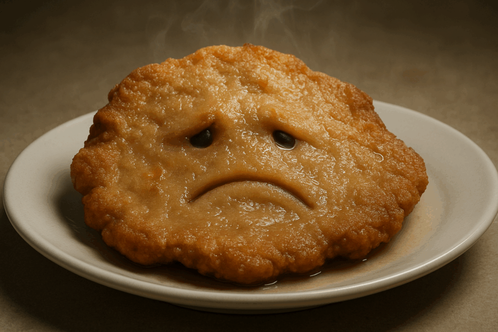 Detailný záber na nechutný, vlhký a spotený rezeň ohriaty v mikrovlnke.