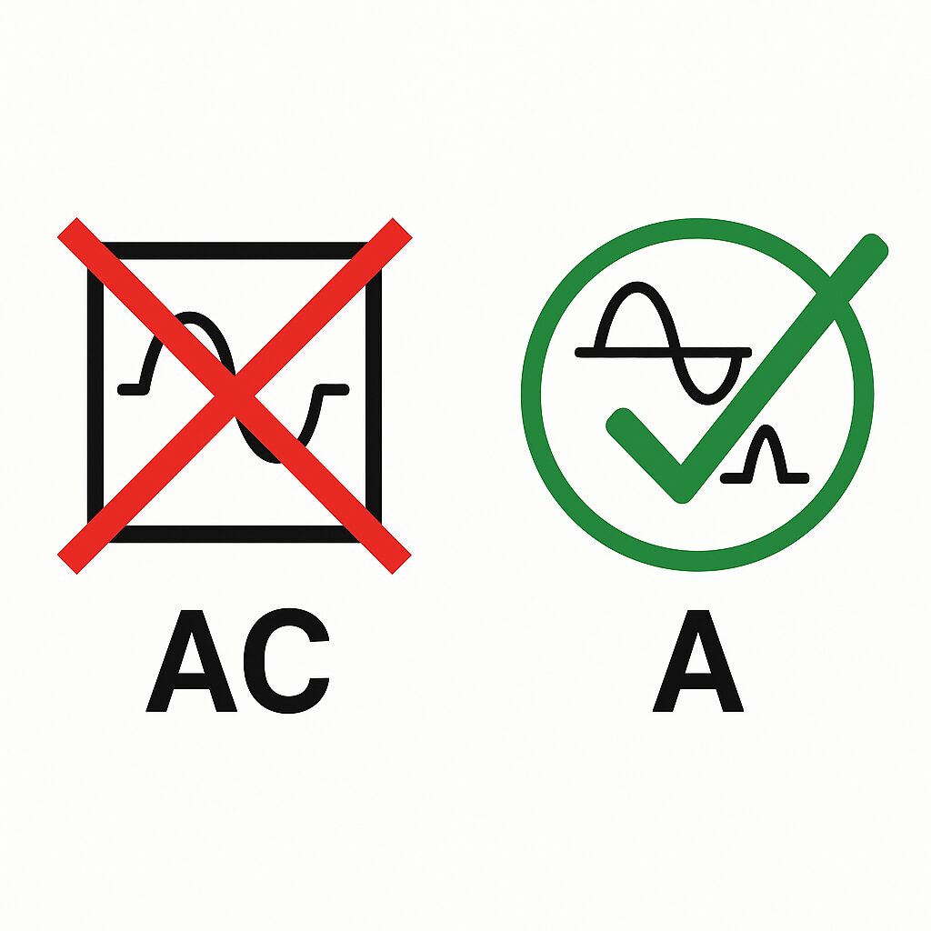 Symbol zákazu AC chrániča a odporúčanie Typu A