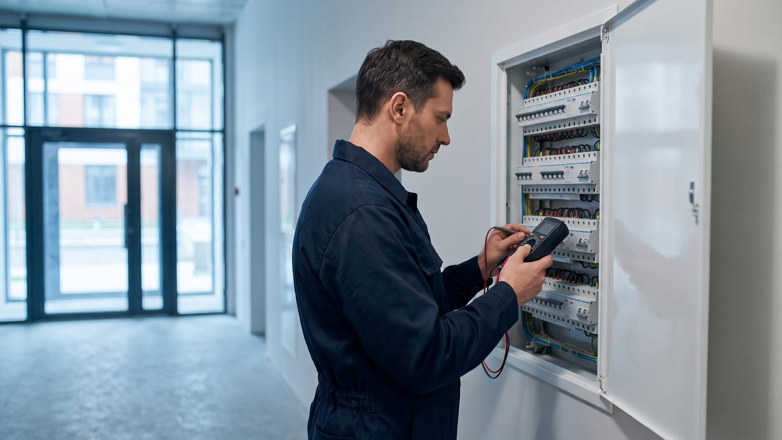 Elektrikár pri rozvádzači vo vchode bytového domu — BM Elektro