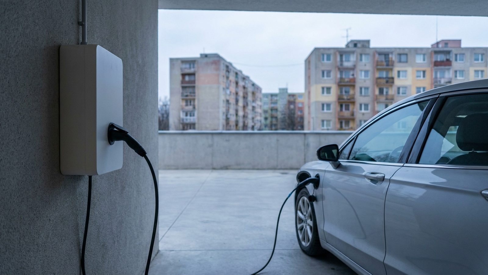 Wallbox nabíjacia stanica s elektromobilom pri bytovom dome — BM Elektro