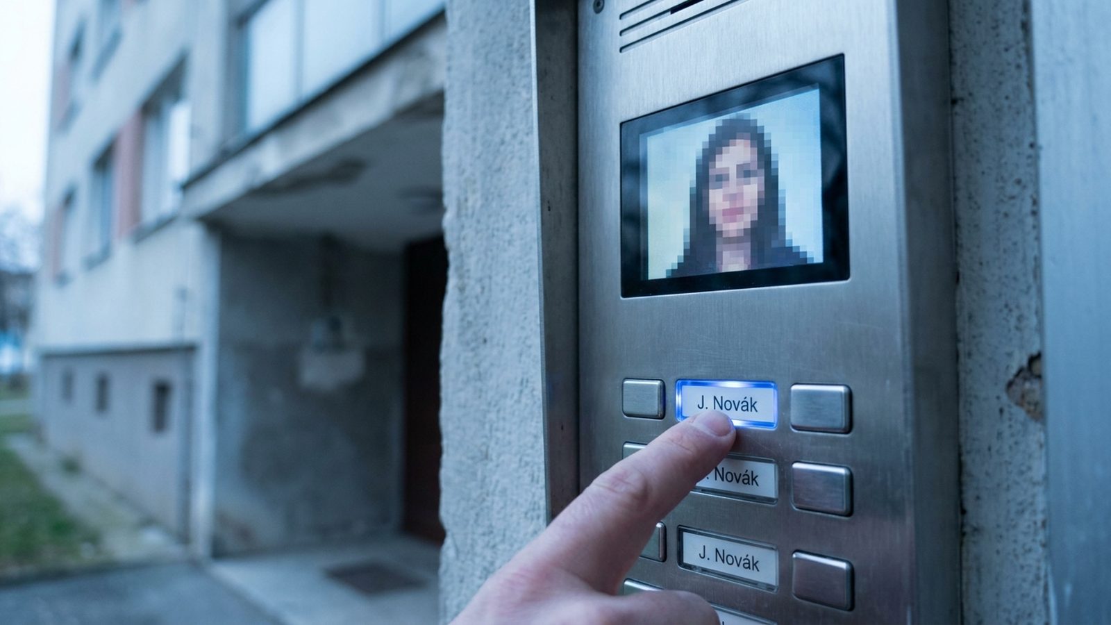 Videovrátnik s farebným displejom pri vchode panelového bytového domu — BM Elektro