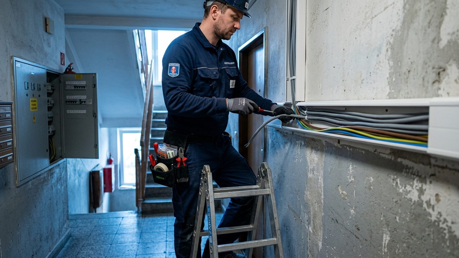 Elektrikár inštaluje káble do líšt na chodbe panelového domu — výmena rozvodov — BM Elektro